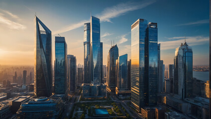 Image of a cutting-edge urban landscape, a smart city's financial district with sleek skyscrapers against a blue backdrop infused with the warm glow of sunlight.