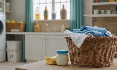Fototapeta na wymiar Sunny Laundry Bliss: Wicker Basket Grandeur with Detergent Dreams