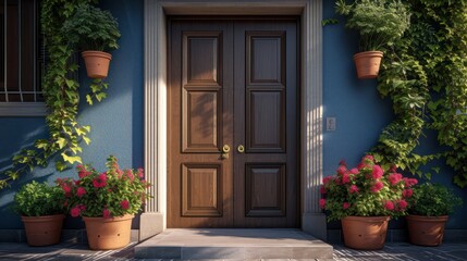 A Stylish Front Door Featuring Square Decorative Windows Flanked by Vibrant Flower Pots