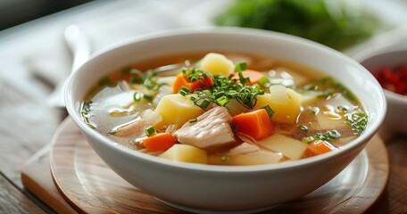 Asian Style Clear Chicken Soup with a Hearty Mix of Potatoes, Carrots, and Onions in a Pristine White Bowl