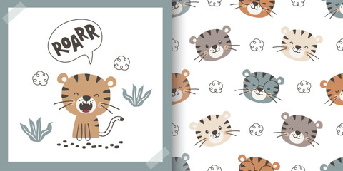 Cute Cartoon Tiger Collection. Cartoon card and seamless pattern set. Hand drawn cute doodle characters Animals Background. Cute Cartoon Tiger, plants, and cloud. Vector illustration