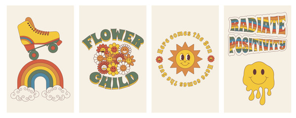 Groovy posters. Set of posters in trendy retro trippy style. Hippie 60s, 70s style.