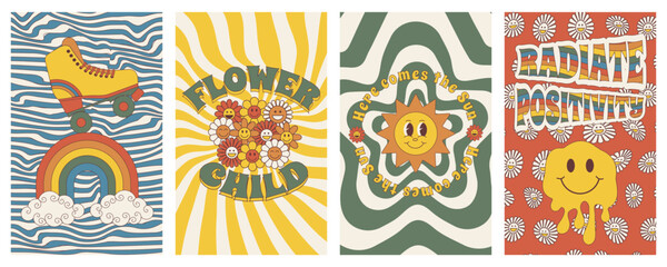 Groovy posters. Set of posters in trendy retro trippy style. Hippie 60s, 70s style.