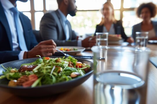 Diverse colleagues dinner meeting lunch in office restaurant businessmen group cafeteria cafe discussion business fine dining corporate teamwork expensive tasty dish food coworkers cheering talking