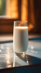 Glass of Milk, Table, Drink, Beverage, Refreshment, Dairy, Healthy, Nutrition, Fresh, White, Cow's Milk, Dairy Product, Calcium, Breakfast, Cold, AI Generated