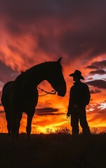 A silhouette of a cowboy next to his horse, both silhouetted against a fiery sunset sky, evoking the spirit of freedom