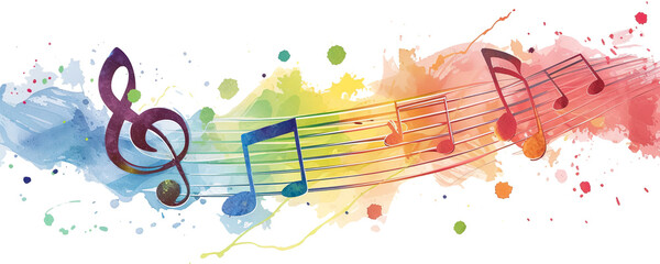 Watercolor splashes with fluid, dynamic musical notes, isolated on a white background