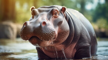 Baby Hippopotamus in the river. AI Generative.