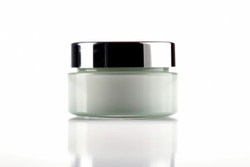 a Cosmetic cream jar on white background with reflection and shadow.