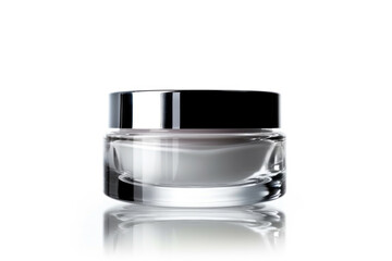 a Cosmetic cream jar on white background with reflection and shadow.