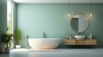 Fototapeta na wymiar a mirror and table in modern bathroom with bathtub and green wall.