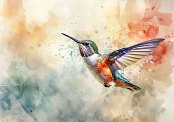 Watercolor painting of hummingbird fly, abstract green background