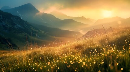 Golden sunrise over a dewy mountain meadow with glowing wildflowers - Generative AI - obrazy, fototapety, plakaty