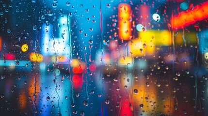 Raindrops on glass with colorful city lights bokeh in the background - Generative AI