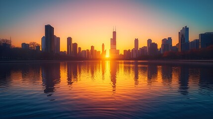 Fototapeta premium Golden Sunrise Over City Skyline with Reflective Waterfront - Generative AI