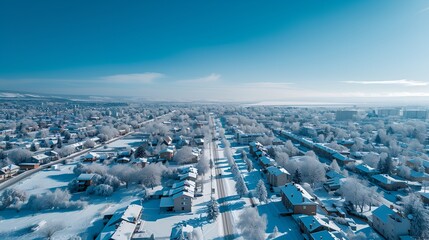 Winter Wonderland Aerial View of Snow-Covered Town under Blue Sky - Generative AI