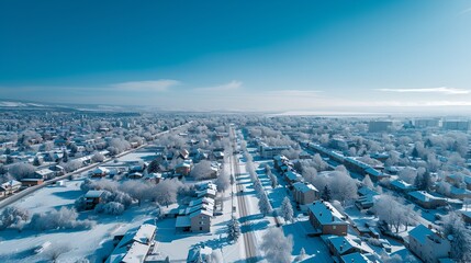 Fototapeta premium Winter Wonderland Aerial View of Snow-Covered Town under Blue Sky - Generative AI
