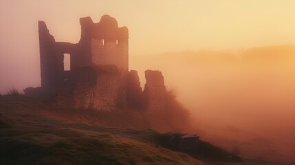 Obraz premium Enigmatic Castle Ruins Emerging from Mist at Dawn - Generative AI