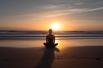 Silhouette of Person Meditating on Beach at Sunset - Generative AI