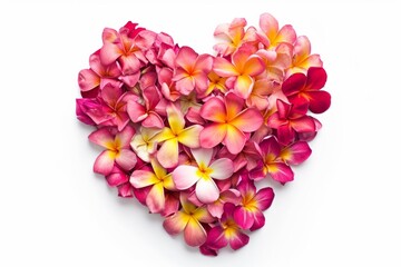 Heart with frangipani, a heart full of flowers without space, white background, spring flowers time