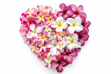 Heart shaped with frangipani flowers, a heart full of flowers without space, white background