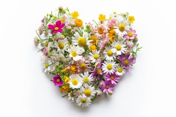 Heart shaped with daisies flowers, a heart full of flowers without space, white background, spring time