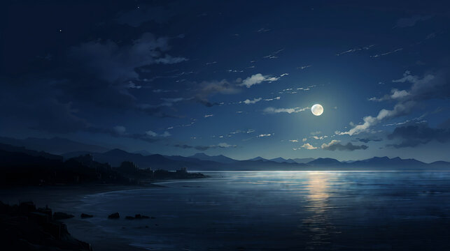 Moonlight over the sea and mountains at night