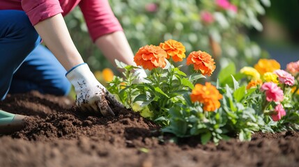 Fototapeta premium Woman putting beautiful flowers into the ground in the garden, arranging the garden, planting flowers in the garden,