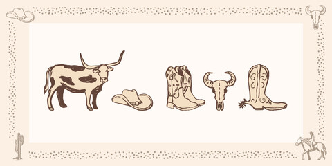 Texas longhorn cattle, cowboy boots, hat, cow skull ranch doodle sketch set