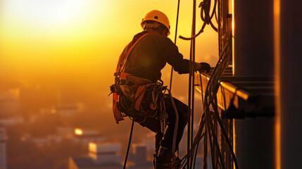Fototapeta premium A working at height equipment, Construction worker wearing safety gear working at construction site.