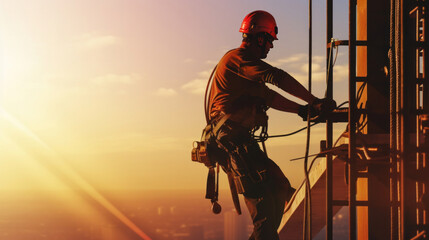 A working at height equipment, Construction worker wearing safety gear working at construction site.