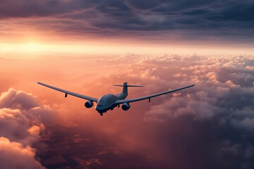 American technology, military reconnaissance drone, sky incident, Unmanned military drone flying in the sky above the clouds - obrazy, fototapety, plakaty