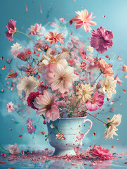 a cup of flowers explodes into the air in