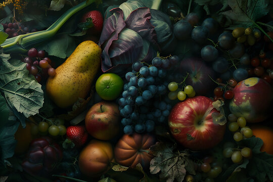 a close up image of an arrangement of fruits and vege