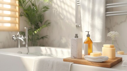 A Variety of Bath Accessories and Soap Set upon a Tub, Inviting a Calming Bath Time in the Bathroom