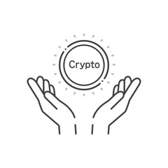 Cryptoの文字とコインを持っている人の手のシンプルなイラスト - 暗号通貨・トークンのイメージ素材