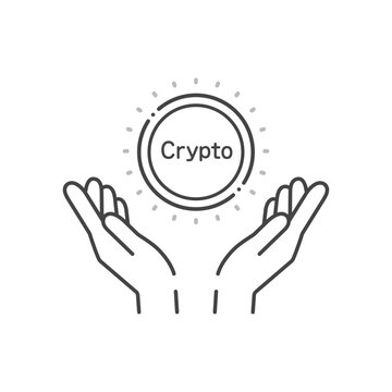 Cryptoの文字とコインを持っている人の手のシンプルなイラスト - 暗号通貨・トークンのイメージ素材