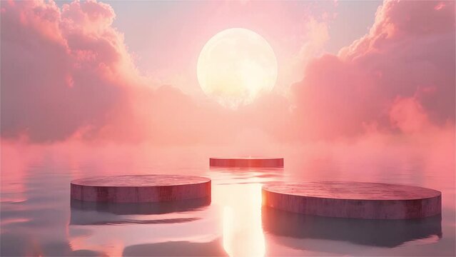 Podiums in the sea with sunset sky background