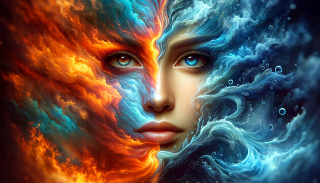 A surreal portrait of a woman's face merges with vivid elements of fire and water, symbolizing a harmonious blend of opposites, fiery passion, and calm depth.The concept of balance.AI generated.