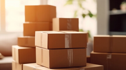 Obraz premium Boxes waiting to be moved into a new home, Moving house day and real estate concept