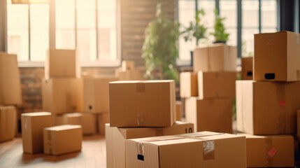 Boxes waiting to be moved into a new home, Moving house day and real estate concept