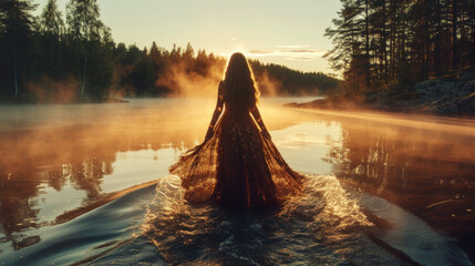 Beautiful woman in intricate dress walks on lake