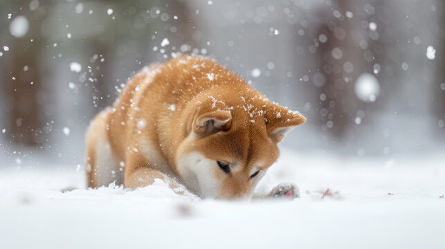 a beautiful akita inu dog on a snowy background, realistic photo