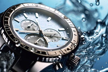 Close up of a Beautiful luxury fashionable silver men's watch with splashes of water