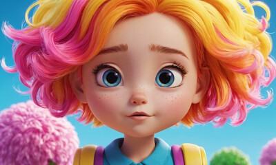 Fototapeta premium Cute little girl with colorful hair and big eyes looking at camera