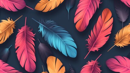 Assorted colorful feathers on a dark background. Texture pattern with multicolors feather, Tileable, Seamless loopable background with feathers.