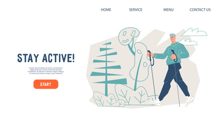 Nordic walking popular sport and lifestyle choice that offers health benefits, especially for the elderly and seniors, concept for website banner or print, flat vector illustration.