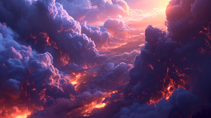 Blue clouds of smoke, fire and lava, aerial view - obrazy, fototapety, plakaty