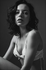 Fototapeta premium Portrait view of young beautiful woman, black and white photography