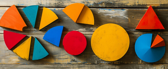 Colorful math fractions on the wooden background. interesting math for kids, for preschool, daytime. Education, back to school concept. Geometry and mathematics materials. AI Generated